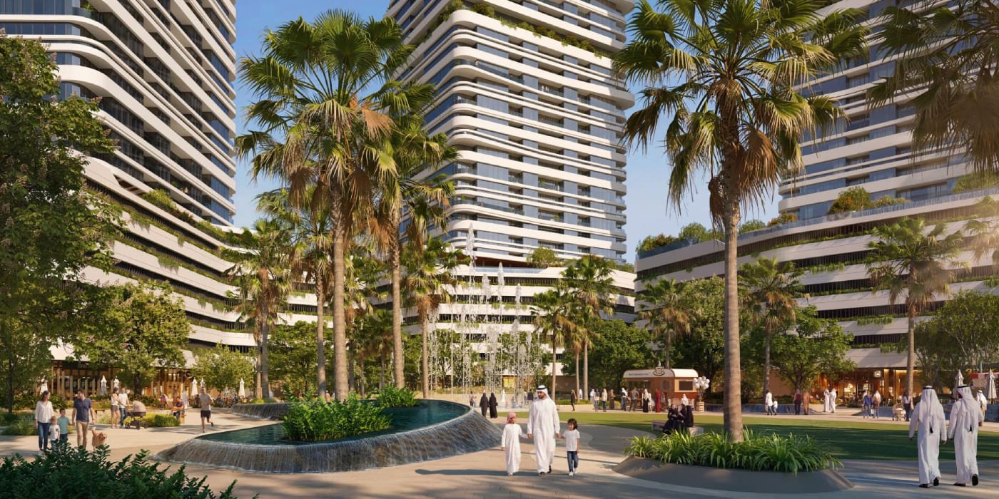 Double-height arrival lobby at LINAR by Alef