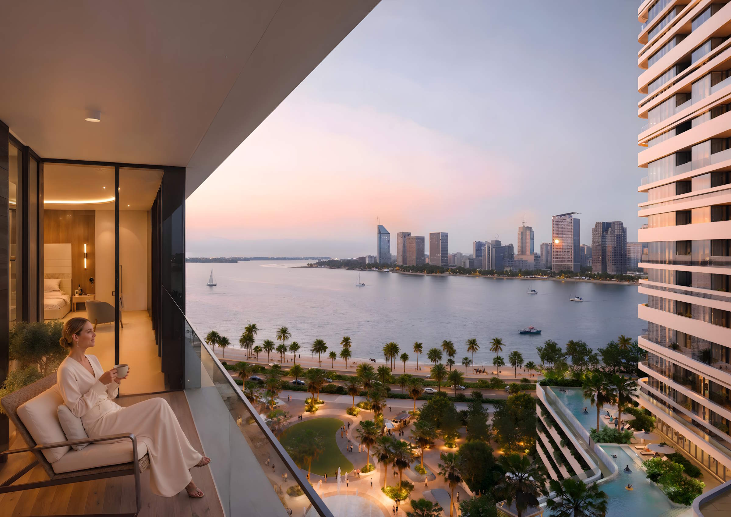 LINAR by Alef waterfront tower at golden hour on the Al Mamzar coastline